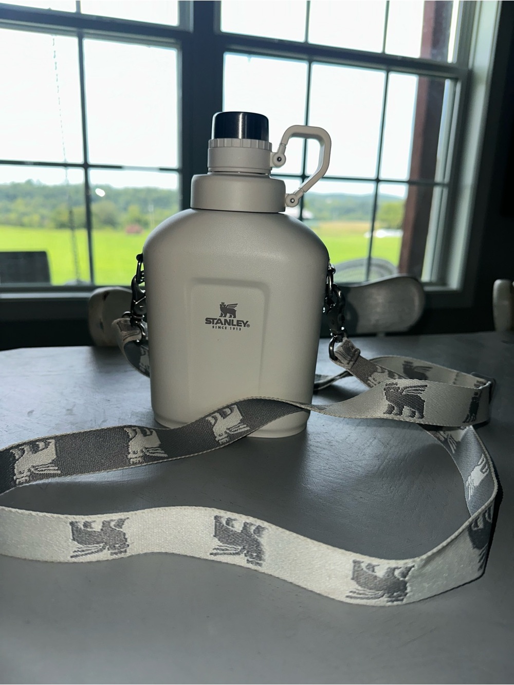 Stanley Cream Travel Flask with Branded Gray Strap